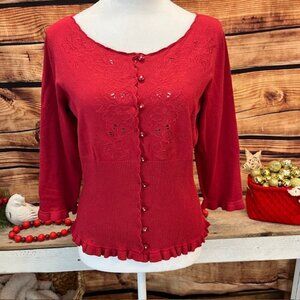 Emma James Womens Red Floral Eyelet Button Front Cardigan Sweater Size Small
